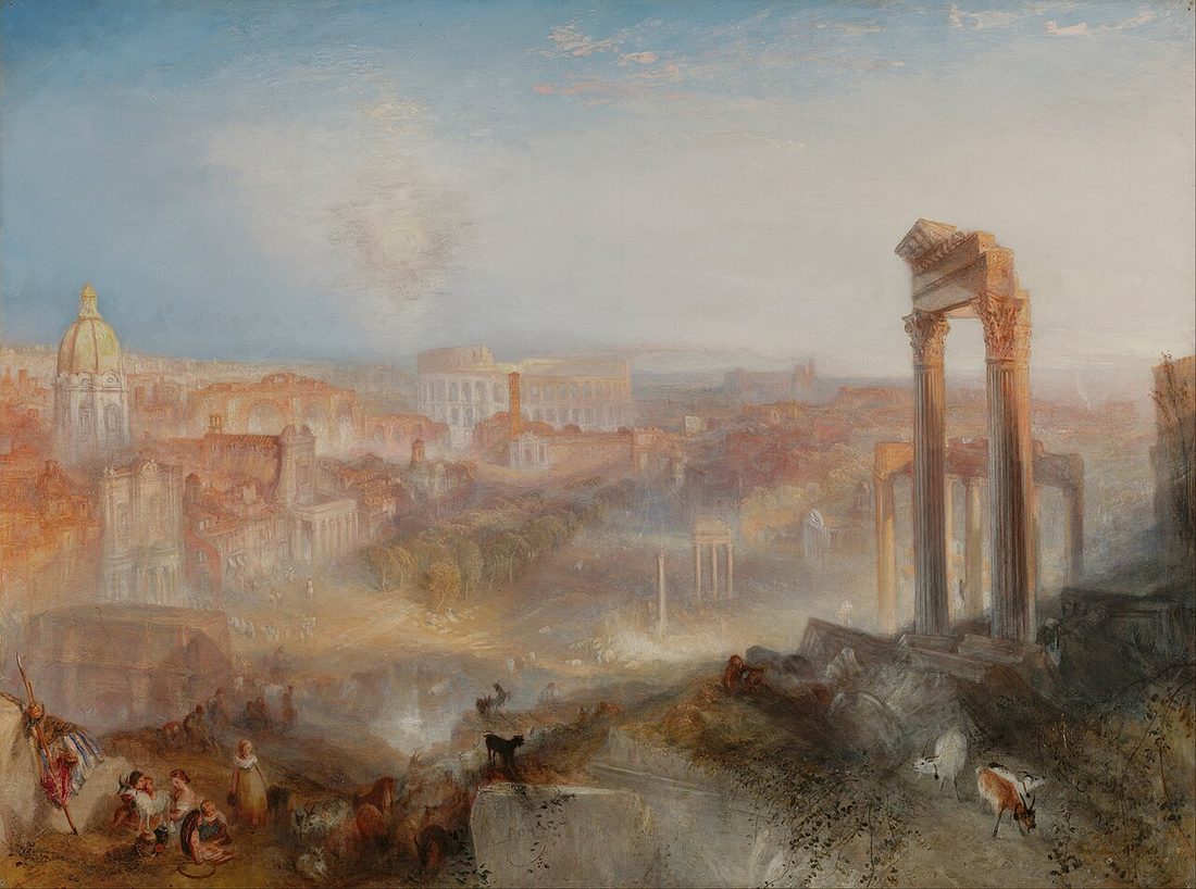 The Roman forum in warm evening light, broken columns and arches receding to figures in the middle distance.